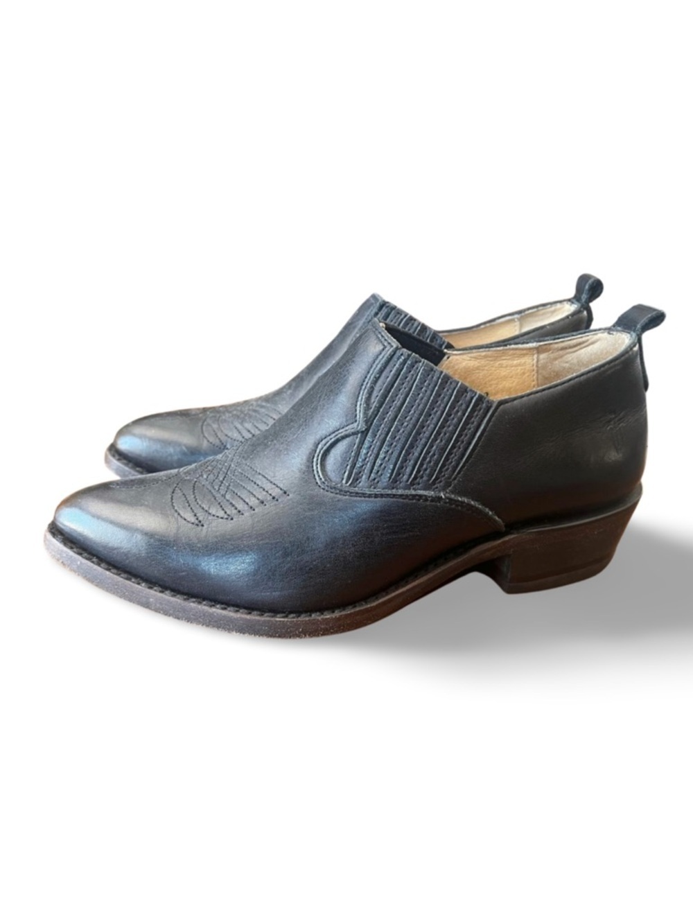 Frye Black Leather Ankle Booties Slip-On Low Heel Western Minimalist shortie - Picture 2 of 8